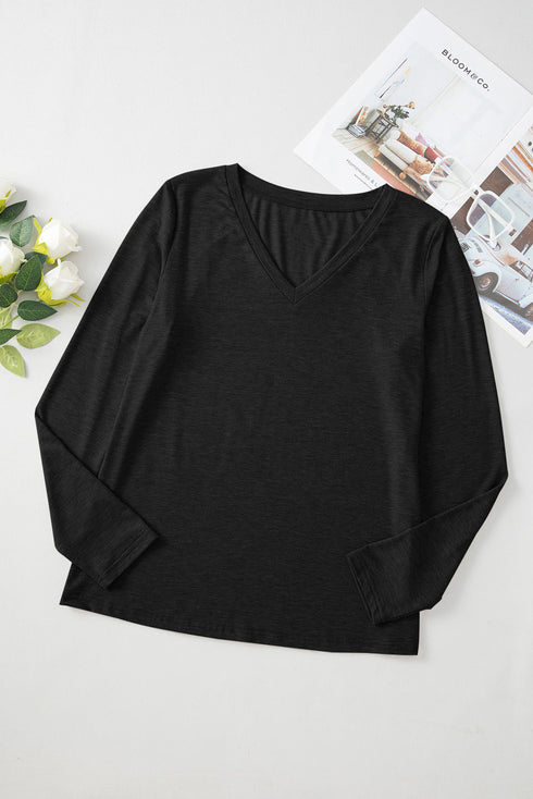 V-Neck Long Sleeve Relaxed Fit Pullover Top